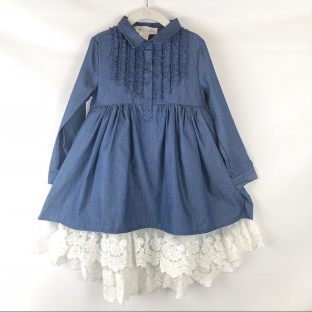 NWT Denim Chambray Lace Empire Waist Ruffle Ivory Lace Dress - Picture 3 of 8
